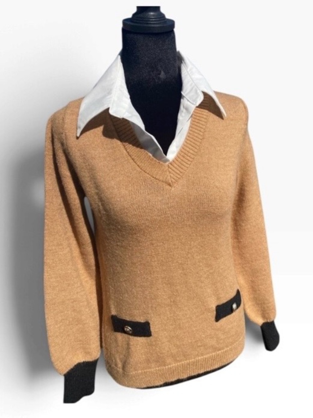 Nanette Lepore Twofer Sweater Womens XS Camel Tan Black White Collared Preppy